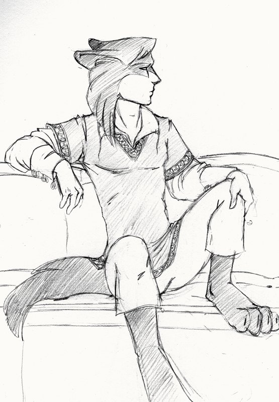 Sketch: Kellen, seated on a couch; pencil sketch