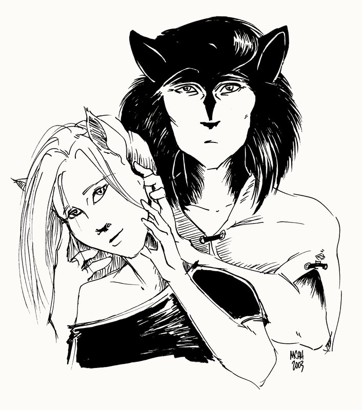 Sketch: Kellen and Margeaux, from the "Mirrors" scene in A Distant Sun; ink, 2003